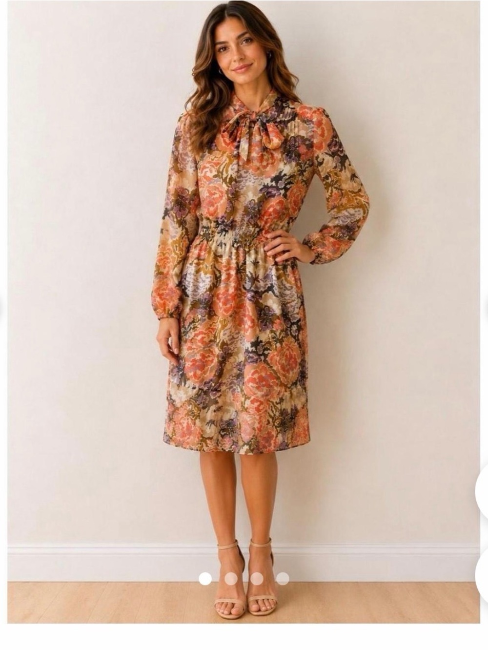 Ralph Lauren (LRL)  Floral Tie-Neck Dress in Coral w/ cream slip. Size 2